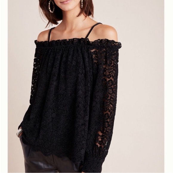 Anthropologie Eri Ali Ramona Lace Off the Shoulder Top Black Long Sleeve M NEW - Picture 14 of 14